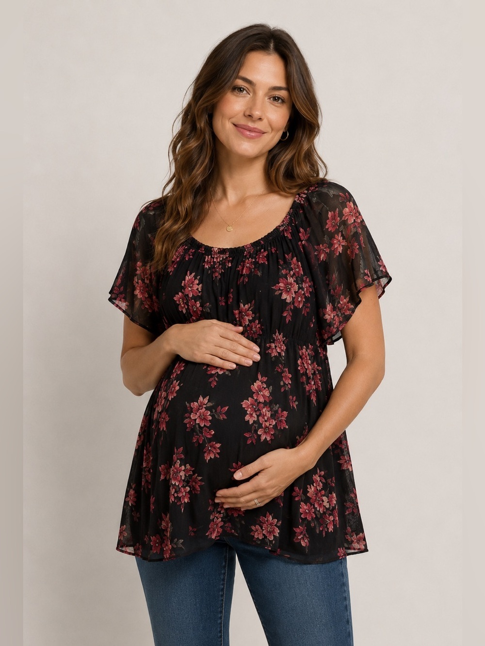 Full Moon Maternity Floral Top Black/Pink Puff Sleeve Size S NWOT​ Cottagecore